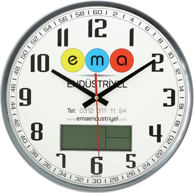 Metal Çerçeve Yuvarlak Bombe Cam Duvar  Saati (Dijital) 35 Cm